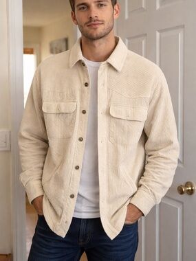 Men's Cream Mauve Corduroy Shacket - Lightweight Button-Up Jacket /shirt( Small)